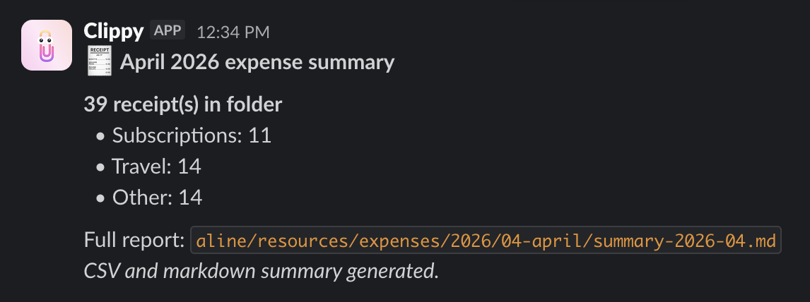 Slack message: the expense agent posting a monthly summary with receipt counts.