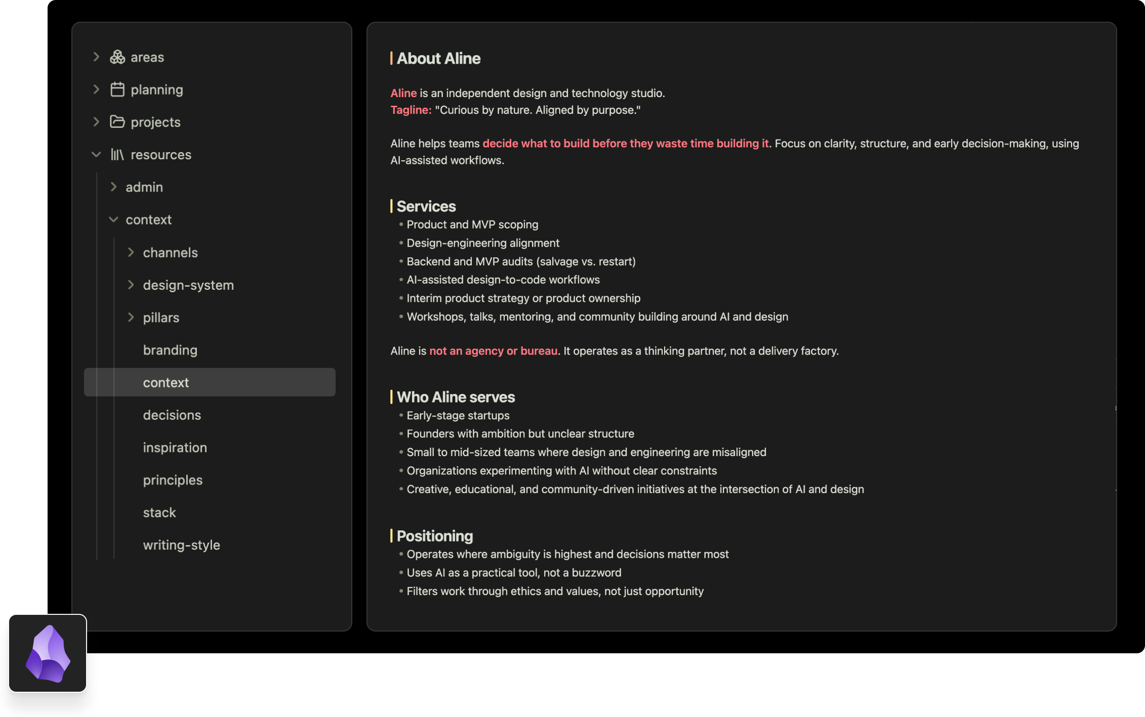 Obsidian vault context file showing About Aline — services, audience, positioning.