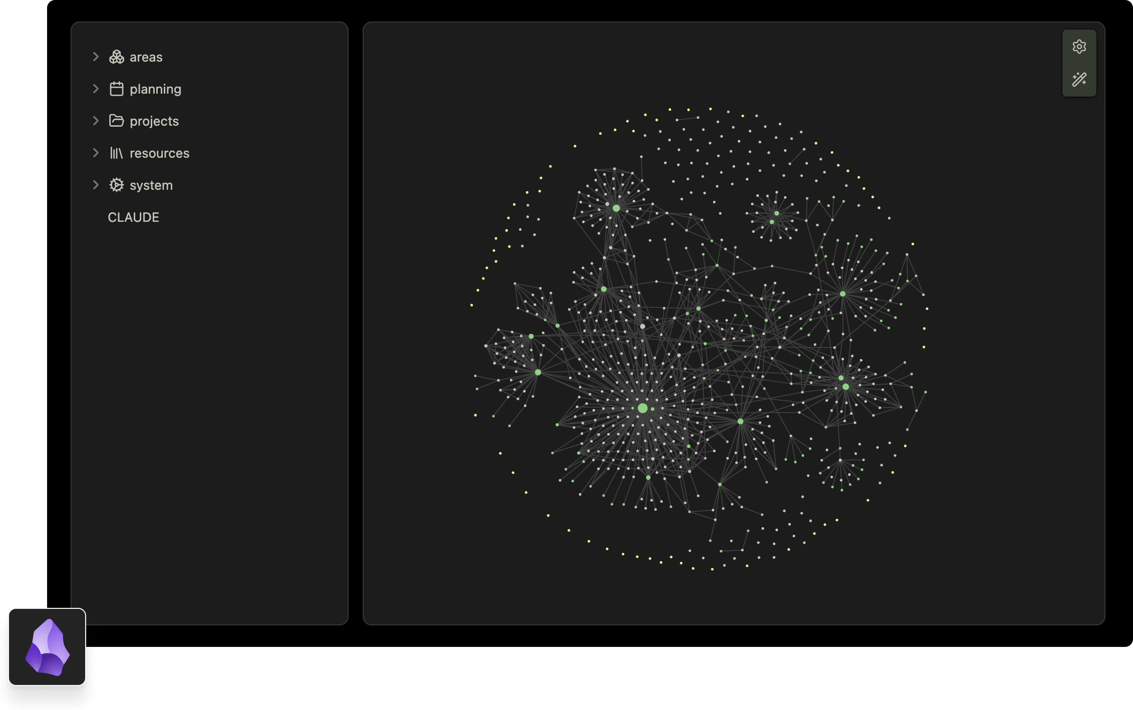 Obsidian sidebar with areas, planning, projects, resources, system folders next to a network graph view of the vault.